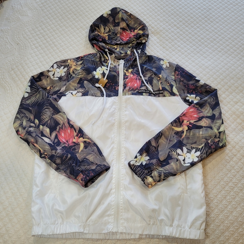 Qing Yuan Shui 3XL Unisex Full Zip Windbreaker Jacket Hooded Colorblock Floral